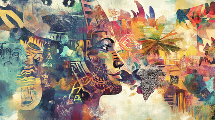 Fototapeta premium Artistic overlay of continents with cultural patterns, showcasing vibrant colors and intricate designs. This piece reflects diversity and richness of global cultures