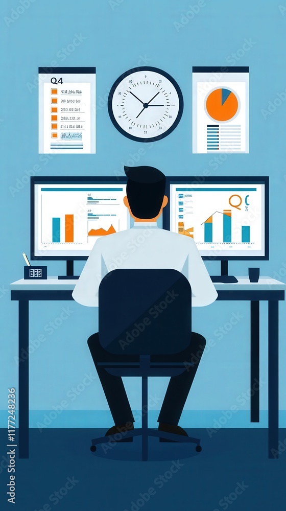 Poster business analyst observing data performance on dual monitors in a modern office with graphs, charts,