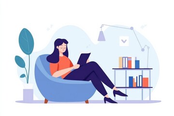Obraz premium Cozy Indoor Scene of a Young Woman Relaxing in a Comfortable Chair While Reading a Tablet Surrounded by Shelves and Green Plant in a Modern Setting
