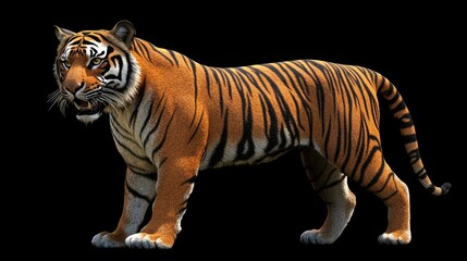 Obraz premium A glowing tiger on black, its bold orange-black coat and piercing eyes commanding attention.