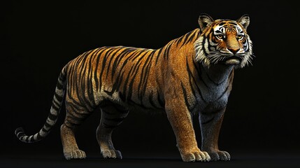 Obraz premium A glowing tiger on black, its bold orange-black coat and piercing eyes commanding attention.