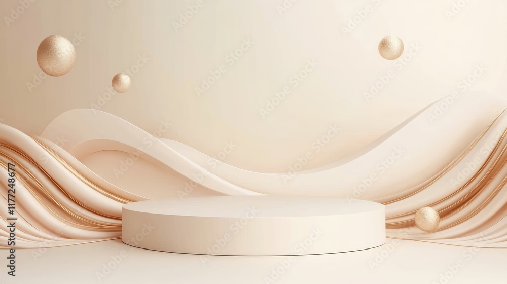 Poster a minimalist stage with soft waves and floating spheres, ideal for presentations or displays.