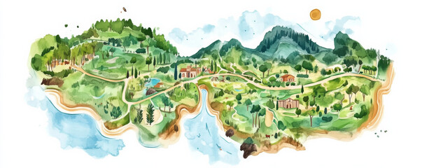 vibrant eco tourism map showcasing nature parks and green routes, highlighting lush landscapes, mountains, and serene water bodies. Perfect for nature lovers and adventurers