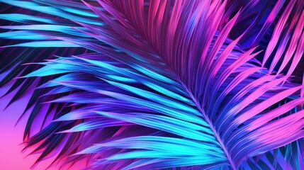 Obraz premium Tropical palm leaves in a vibrant gradient of neon pink, blue, and green hues, with a holographic sheen that catches the light and creates