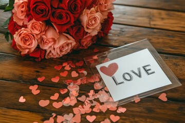 A red rose bouquet with a hand-written card that says "LOVE" placed on a wooden table with scattered confetti in the shape of hearts. Valentine's Day. Anniversary.