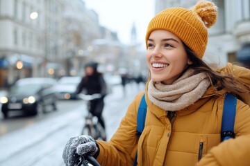 A cheerful young woman rides her bicycle in a snowy city, wearing a cozy jacket and a vibrant hat, reflecting happiness and the joy of outdoor winter activities.