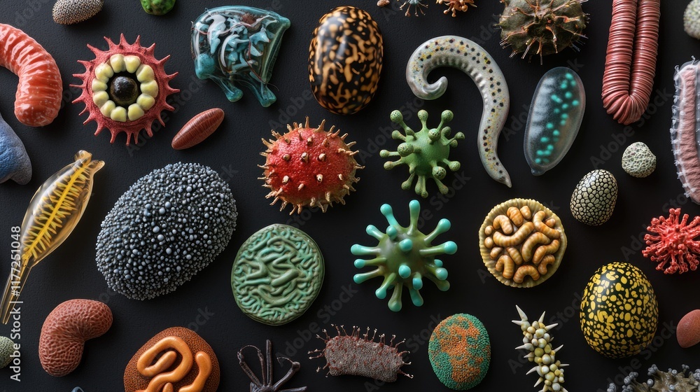 Aufkleber a 3d rendering of microscopic pathogens with detailed textures, representing a variety of infection-