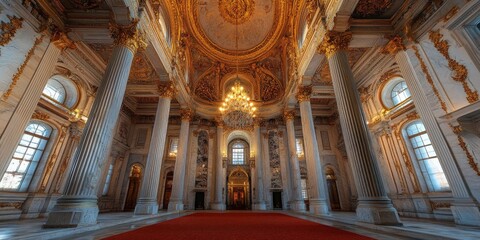 Fototapeta premium A grand room with an opulent red carpet and golden accents, perfect for luxury event backdrops or showcasing elegance in interior design.