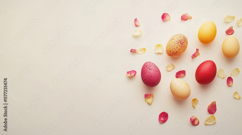 Aufkleber minimal easter decoration colorful eggs and a few flower petals scattered over a solid lightcolored 