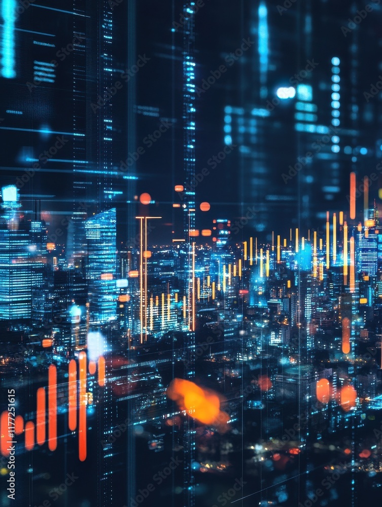 Poster big data and statistics concept with digital glowing growing graphs and diagrams on night megapolis 