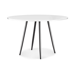 Table with white round countertop and black metal legs. Realistic 3d vector mockup. Four legged circular counter desk. Mock-up
