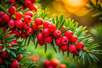 Obraz premium Autumnal Yew Branch with Berries - Close-up Portrait Photography