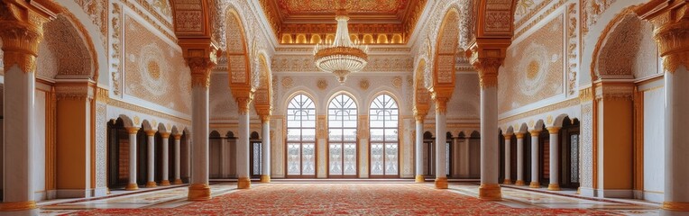 A grand room with an opulent red carpet and golden accents, perfect for luxury event backdrops or showcasing elegance in interior design.