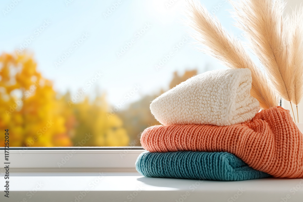 Poster soft towels stacked on windowsill with autumn foliage in background, creating cozy and inviting atmo
