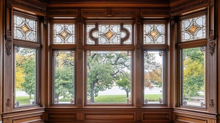 Fototapeta premium Ornate wooden bay window with stained glass panes overlooking autumnal park.