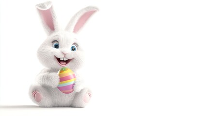 Obraz premium A cheerful Easter bunny with fluffy white fur, holding a colorful egg, isolated on a white background.