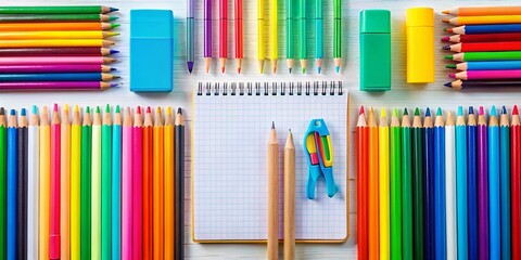 Obraz premium Back to School: Organized Stationery & School Supplies Layout on White