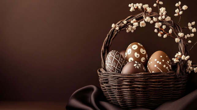 Minimal rustic easter basket with trendy 2025 mocca mousse color palette and decorated eggs. Template with blank space for the text