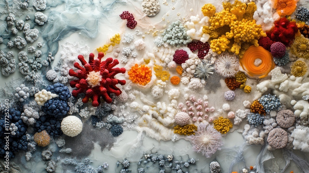 Poster a colorful array of pathogen cells, showcasing different types of bacteria and viruses on a neutral 