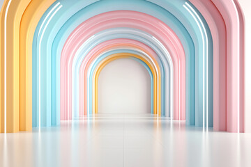 vibrant and colorful abstract space featuring arches in pastel shades of blue, pink, and yellow. smooth, glossy floor reflects light, creating serene atmosphere
