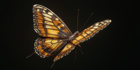Obraz premium Colorful butterfly in flight against a dark background showcasing intricate wing patterns and vibrant hues