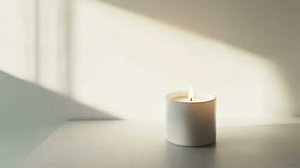 Photorealistic image of a minimalist candle on a plain surface with soft shadows, highlighting warmth and elegance
