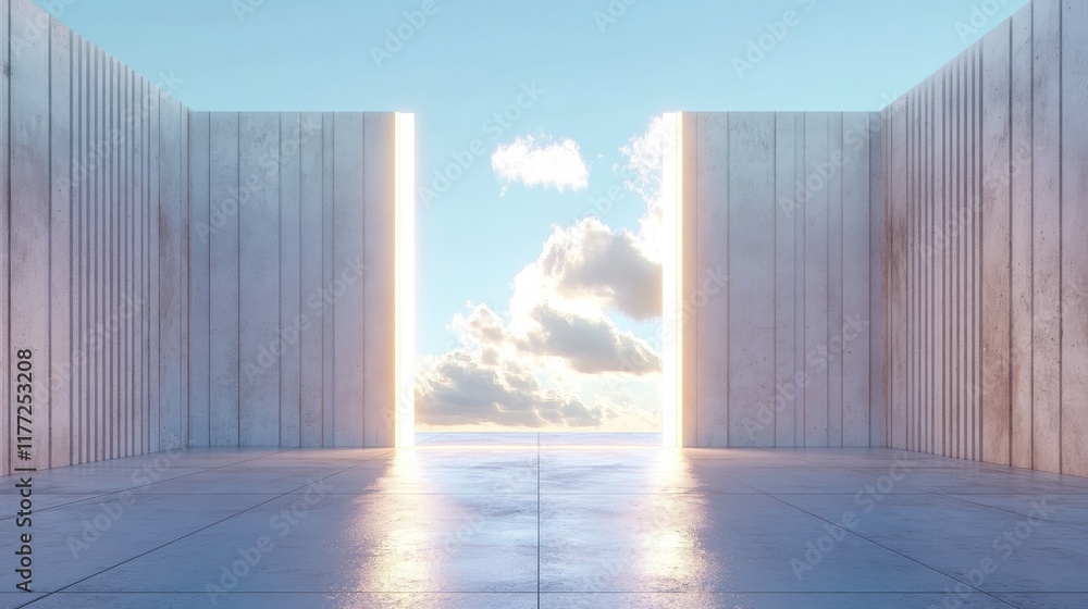 Poster blank open air presentation stage with glowing light between fence and floor and blue sky on backgro