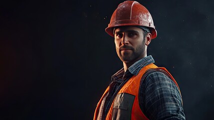 A confident construction professional wearing a hard hat and vest, radiating pride against a dark setting.