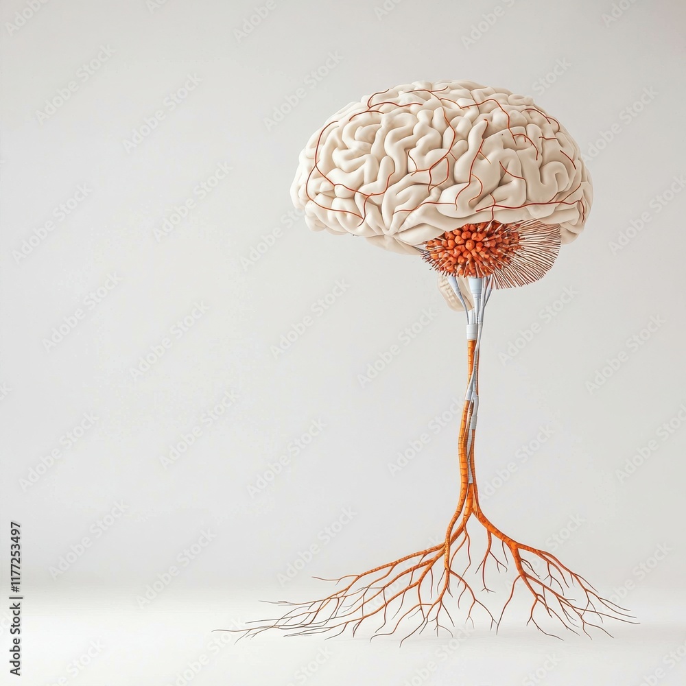 Poster a surreal depiction of a brain with roots, symbolizing the connection between thought and nature.
