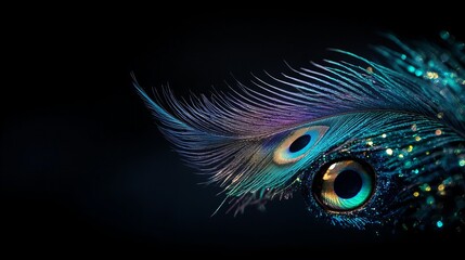 Obraz premium Close-up of a vibrant peacock feather, shimmering with iridescent blues and greens against a dark background.