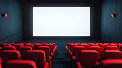 modern cinema interior with empty red seats and large screen