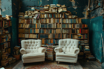 inside an old or abandoned library, showing two white vintage chairs in front of a shelf literally filled with books.  