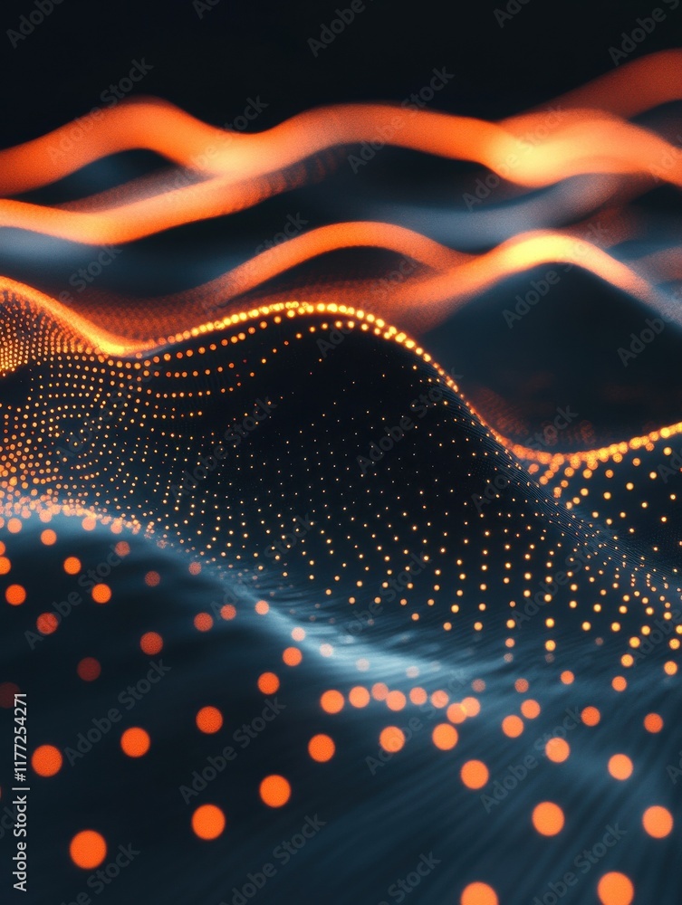 Poster abstract technological backdrop with glowing waves and geometrical figures and empty space for your 
