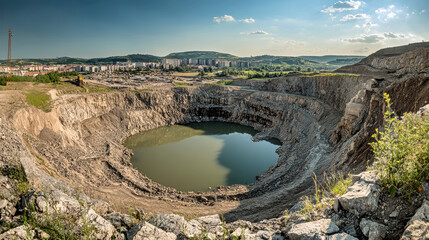 Exploring the remnants of a gold mine with a serene flooded pit and distant cityscape in the background