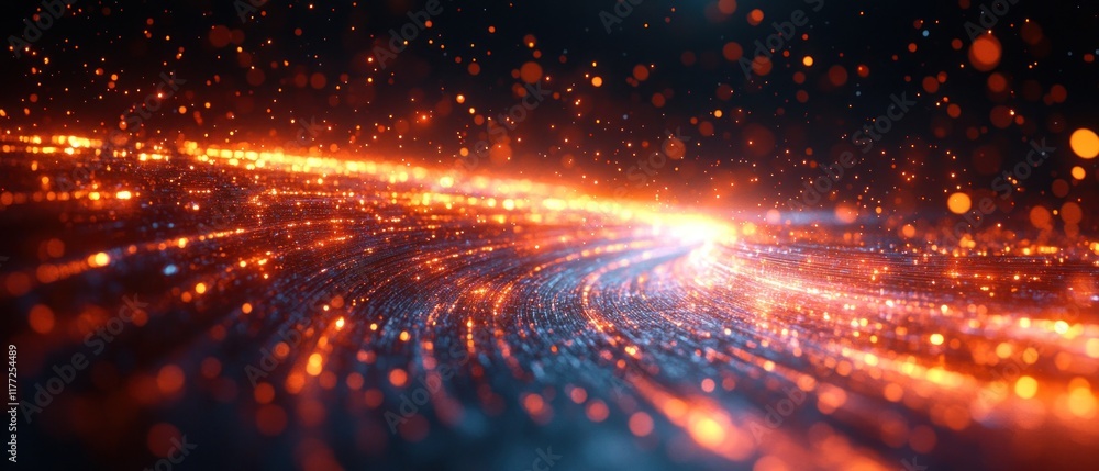 Poster digital tunnel with glowing particles, motion speed and technology.