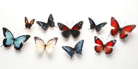 Fototapeta premium Colorful collection of butterfly specimens displayed on a white background showcasing their unique beauty and diversity