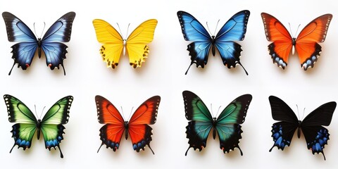 Colorful butterflies arranged on a white background showcasing diverse species and vibrant patterns