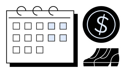 Calendar with highlighted dates, dollar symbol, bar chart. Ideal for time management, finance, budget planning, scheduling, financial analysis strategy development productivity. Abstract line flat