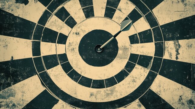 A black-and-white dartboard design on a bold green background with a single dart in the center - Powered by Adobe