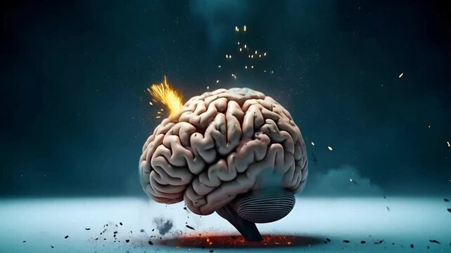 Brain exploding with colorful flames and sparks, symbolizing creativity and brainwave thoughts