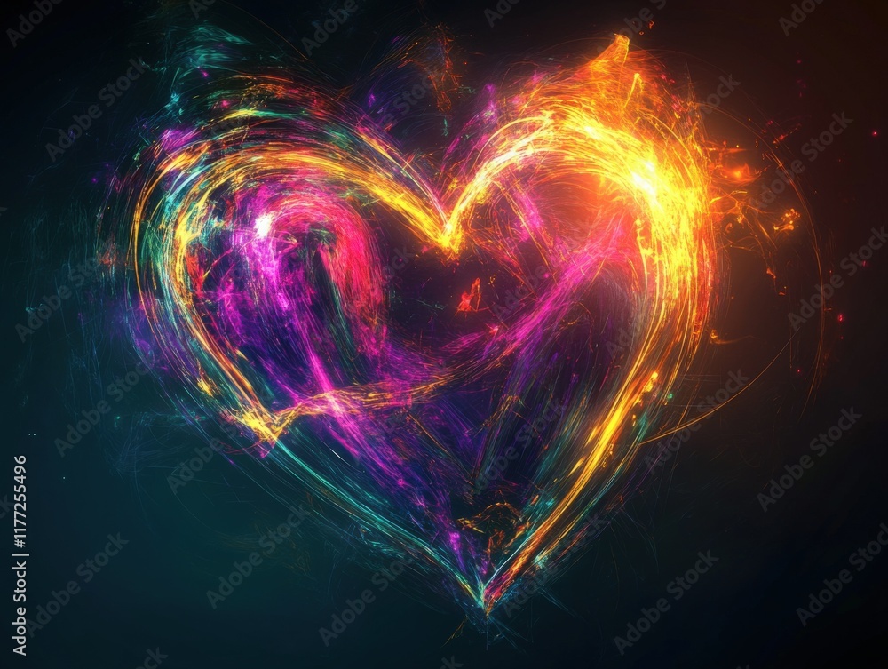 Poster abstract heart shape made of colorful light trails on a dark background