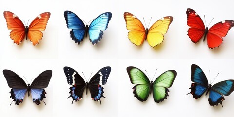 Colorful display of eight butterfly specimens arranged in a symmetrical pattern on a white background
