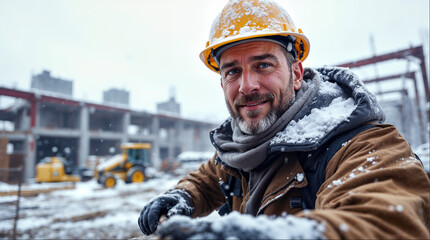 A construction worker in the snow standing looking at a camera with the site behind
