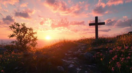 A cross is on a hill with a beautiful sunset in the background