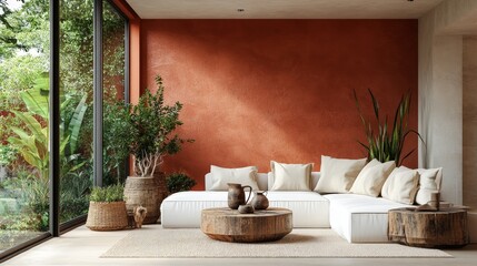 A trendy peach-hued living room with a wooden coffee table and vibrant plants, perfect for showcasing modern minimalist interior decor concepts.
