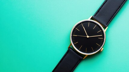 A classic black and gold wristwatch on a vibrant green backdrop
