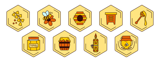 Honey icon set vector. Bee, flower, honey jar, spoon, candle, bee hive, Wooden stick with honey. Beekeeping products, symbols.