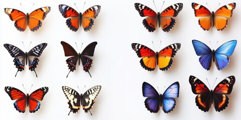 Colorful collection of butterflies arranged by species on a white background in a display setting