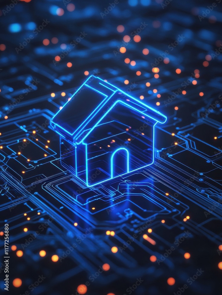 Poster smart system management and smart home technologies concept with glowing digital home icon surrounde