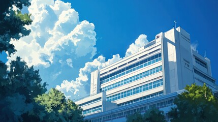 A modern building under a bright blue sky with fluffy clouds.